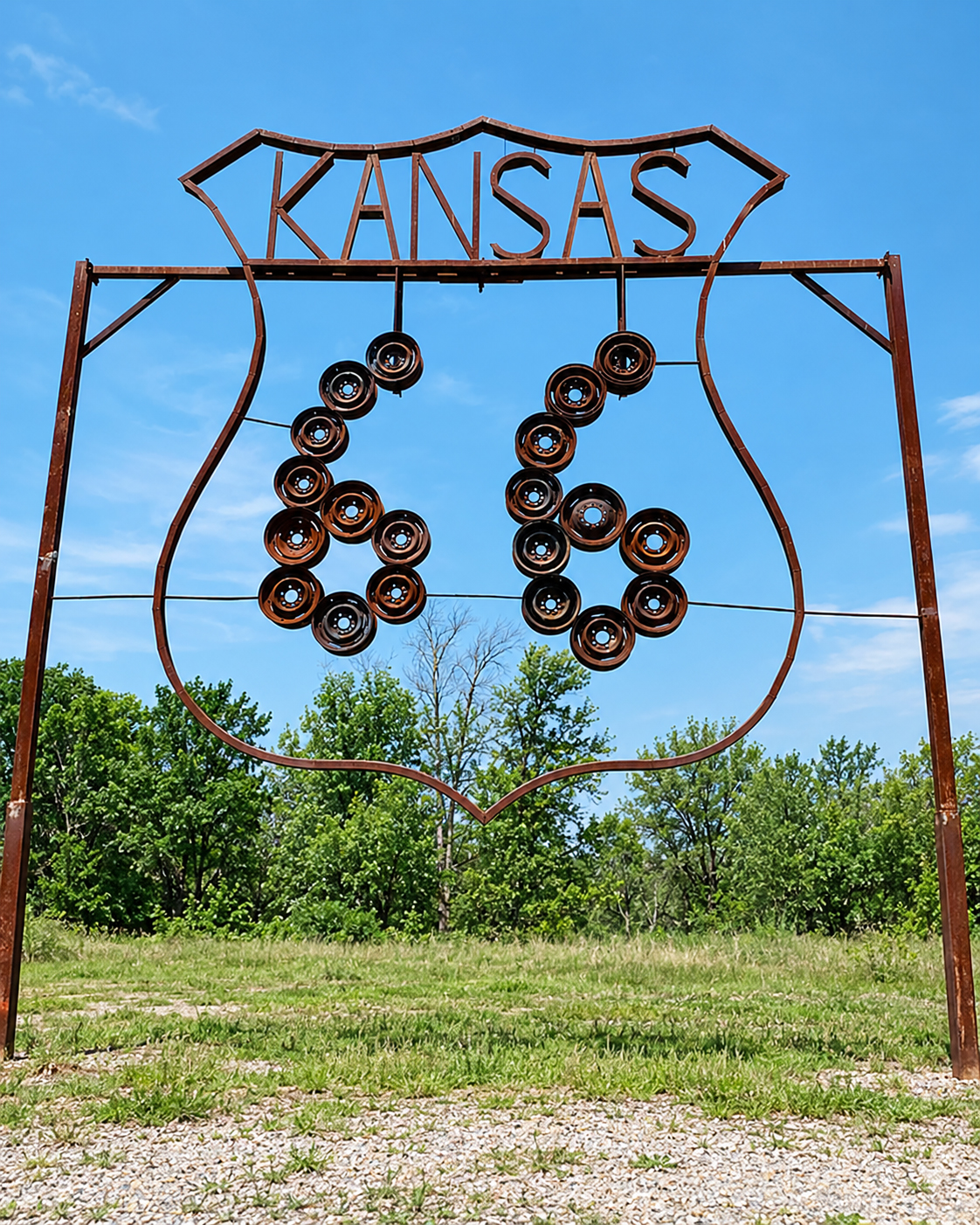 Großes Route-66-Schild aus Metall mit der Aufschrift „Kansas“ und einer 66 aus Radfelgen