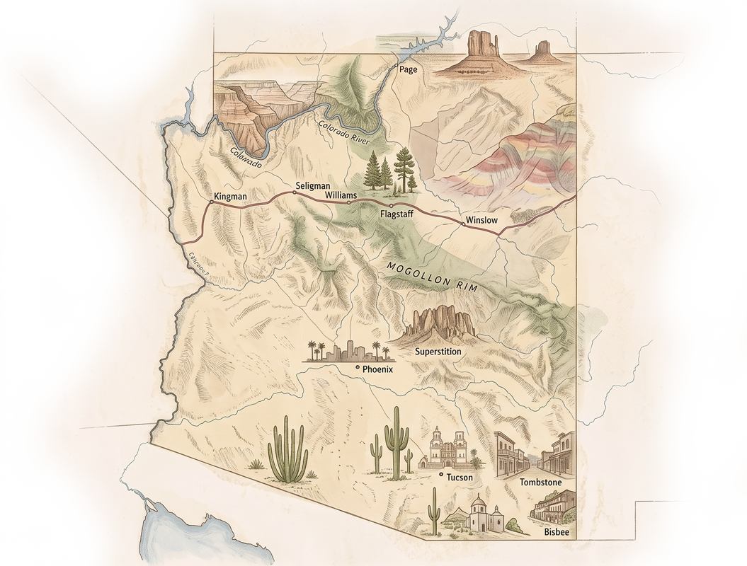 Illustrierte Karte von Arizona mit Grand Canyon, Route 66, Phoenix, Tucson und Tombstone
