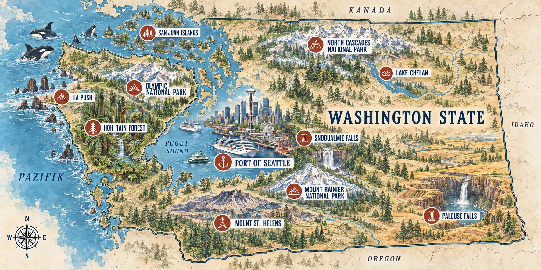 Illustrierte Karte von Washington State mit Port of Seattle, Olympic, Mount Rainier und San Juan Islands