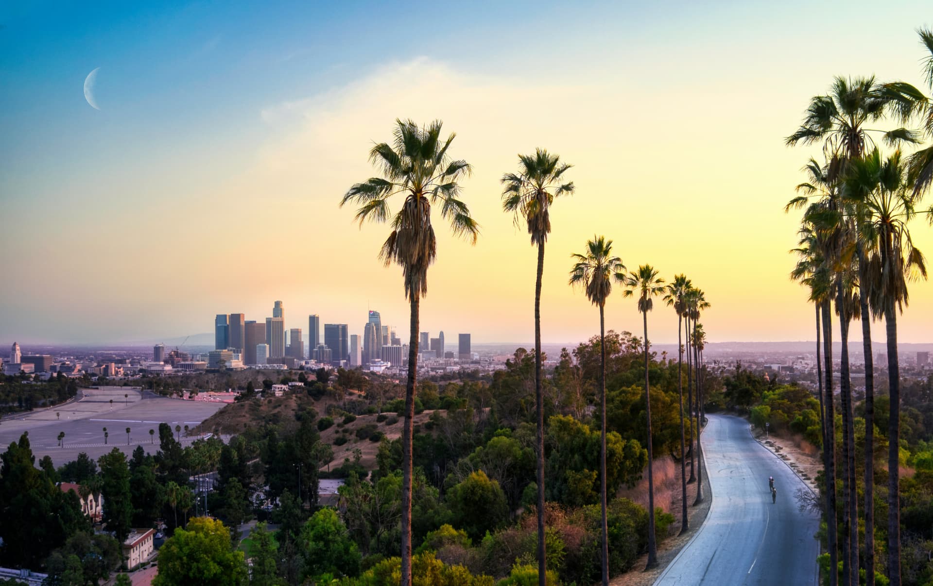 Skyline von Los Angeles mit Palmen bei Sonnenuntergang