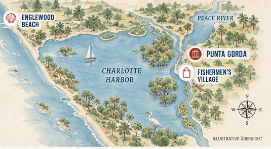 Illustrierte Karte von Charlotte Harbor mit Englewood Beach, Punta Gorda, Fishermen's Village und Peace River