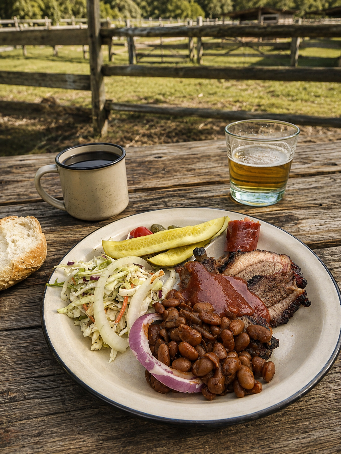 Teller mit Brisket, Bohnen und Krautsalat auf einem Holztisch vor einem Ranchzaun