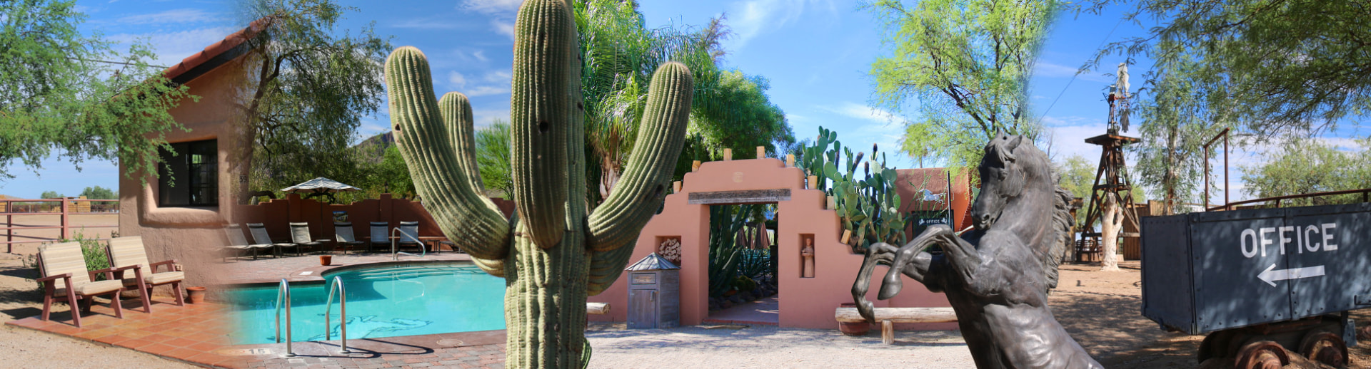White Stallion Ranch in Arizona mit Torbogen, Pool, Saguaro-Kakteen und Pferdeskulptur