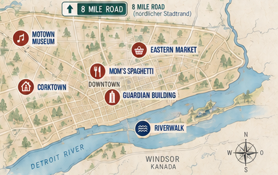 Illustrierte Karte von Detroit mit Motown Museum, Eastern Market, Downtown, Corktown und Riverwalk