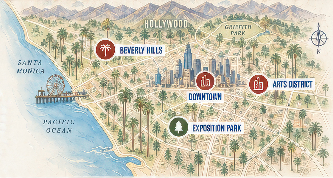 Illustrierte Karte von Los Angeles mit Santa Monica, Beverly Hills, Downtown, Arts District und Exposition Park