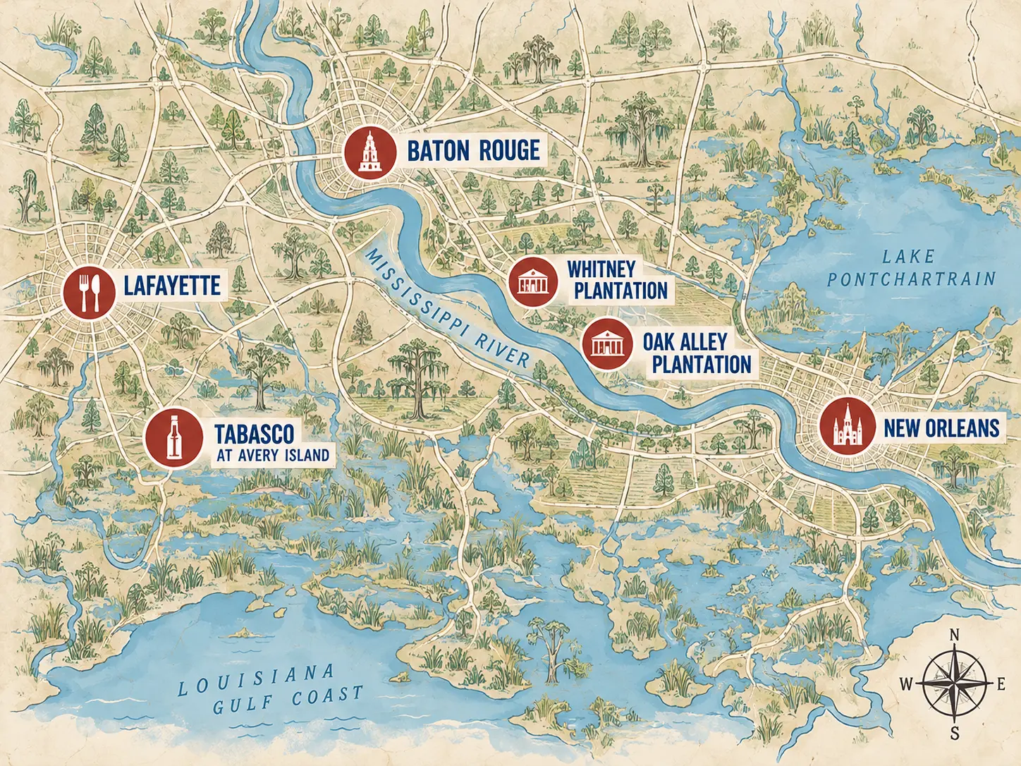Illustrierte Karte von Louisiana mit Baton Rouge, New Orleans, Oak Alley, Whitney, Lafayette und Avery Island