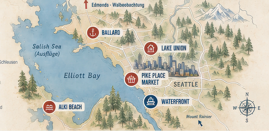 Illustrierte Karte von Seattle mit Ballard, Lake Union, Pike Place Market, Waterfront, Alki Beach und Elliott Bay