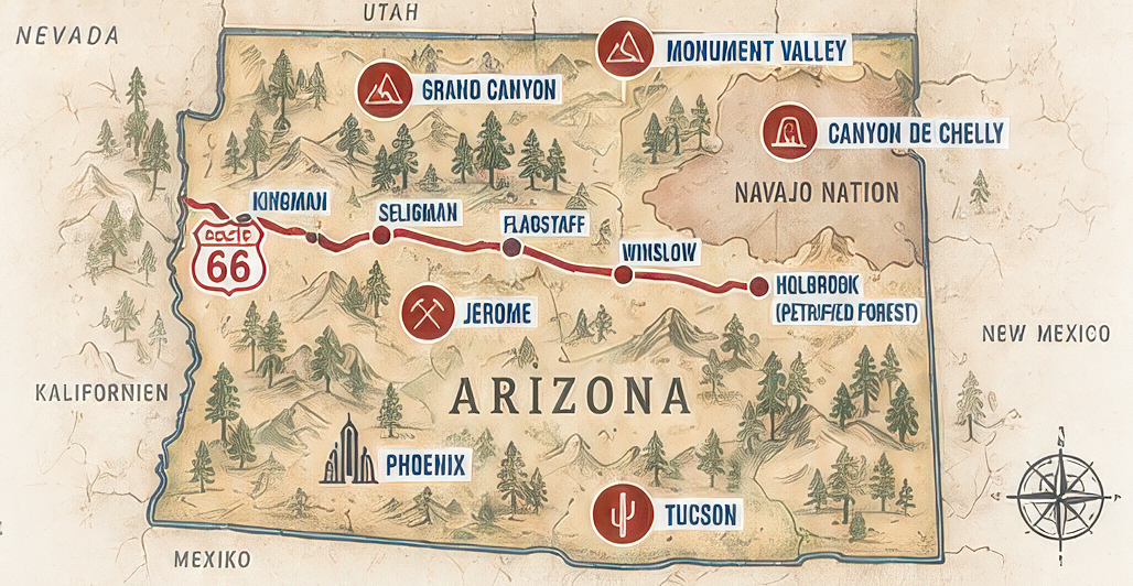 Illustrierte Karte von Arizona mit Tucson, Route 66, Flagstaff und Holbrook