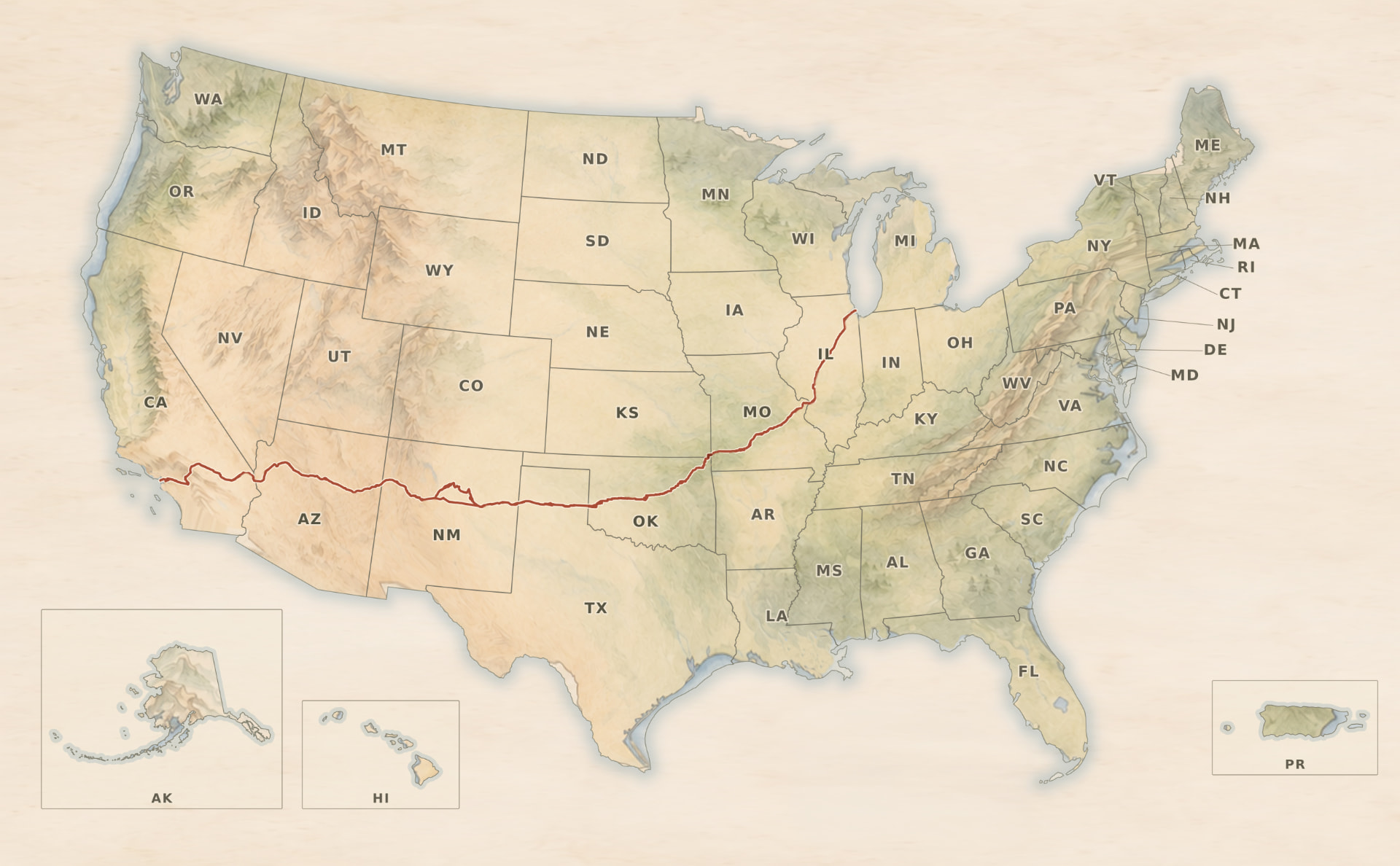 Karte der Vereinigten Staaten im Vintage-Stil mit Route 66 und den Reisezielen der Geschichten
