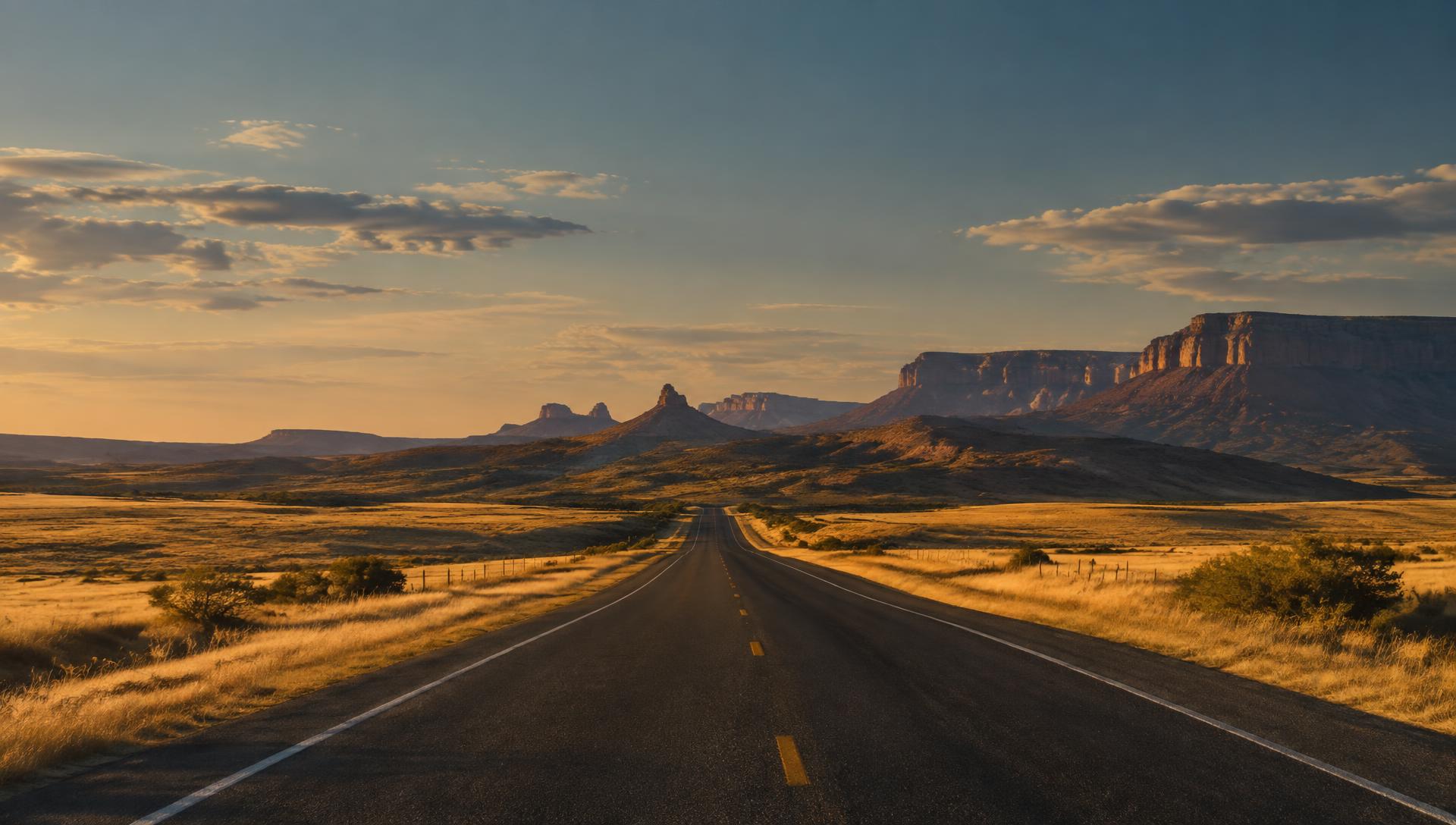 Two-lane highway through golden prairie towards distant mesas