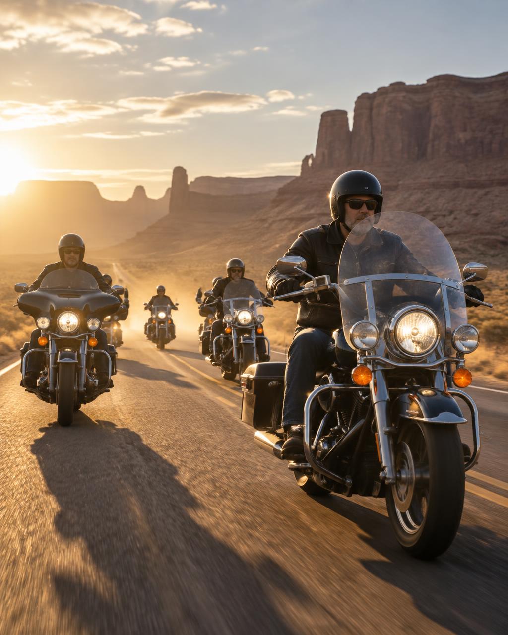 Touring motorcycles riding a desert highway at sunset