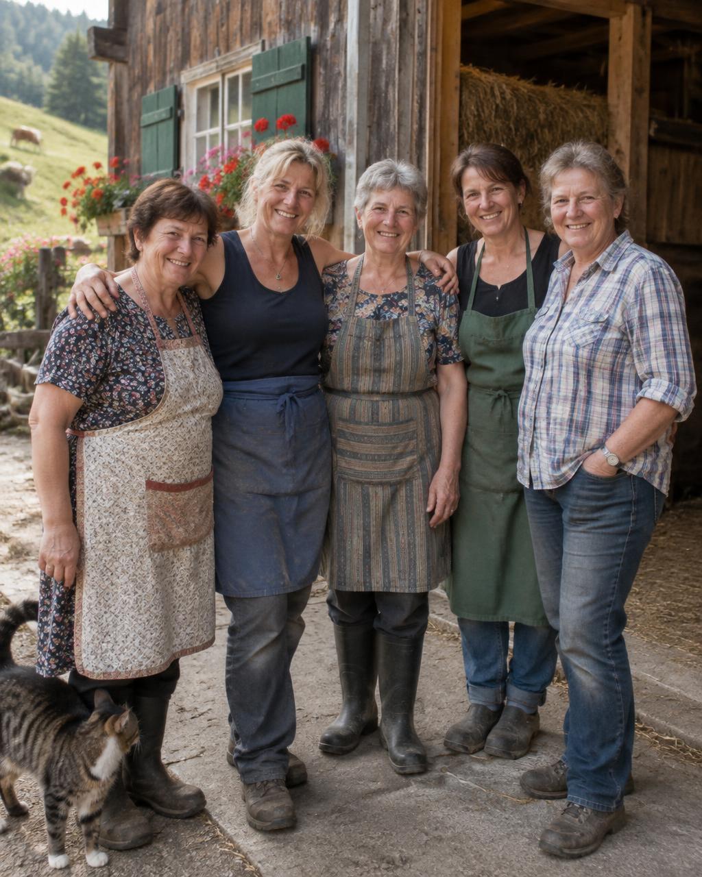 Group of rural women outside a farm barn