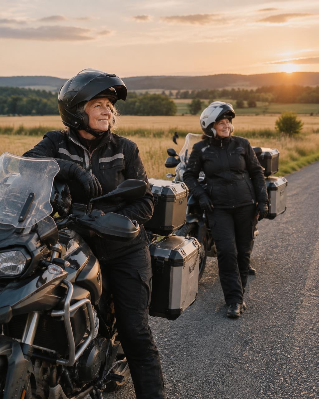 Two women with touring motorcycles on a country road