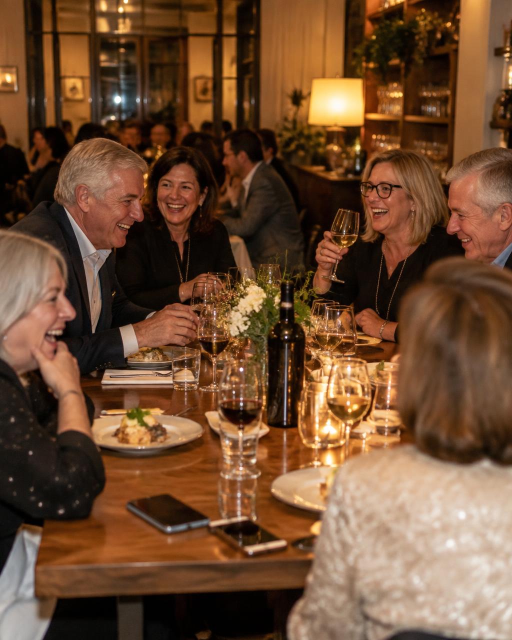 Group of adults over 50 laughing around a dinner table