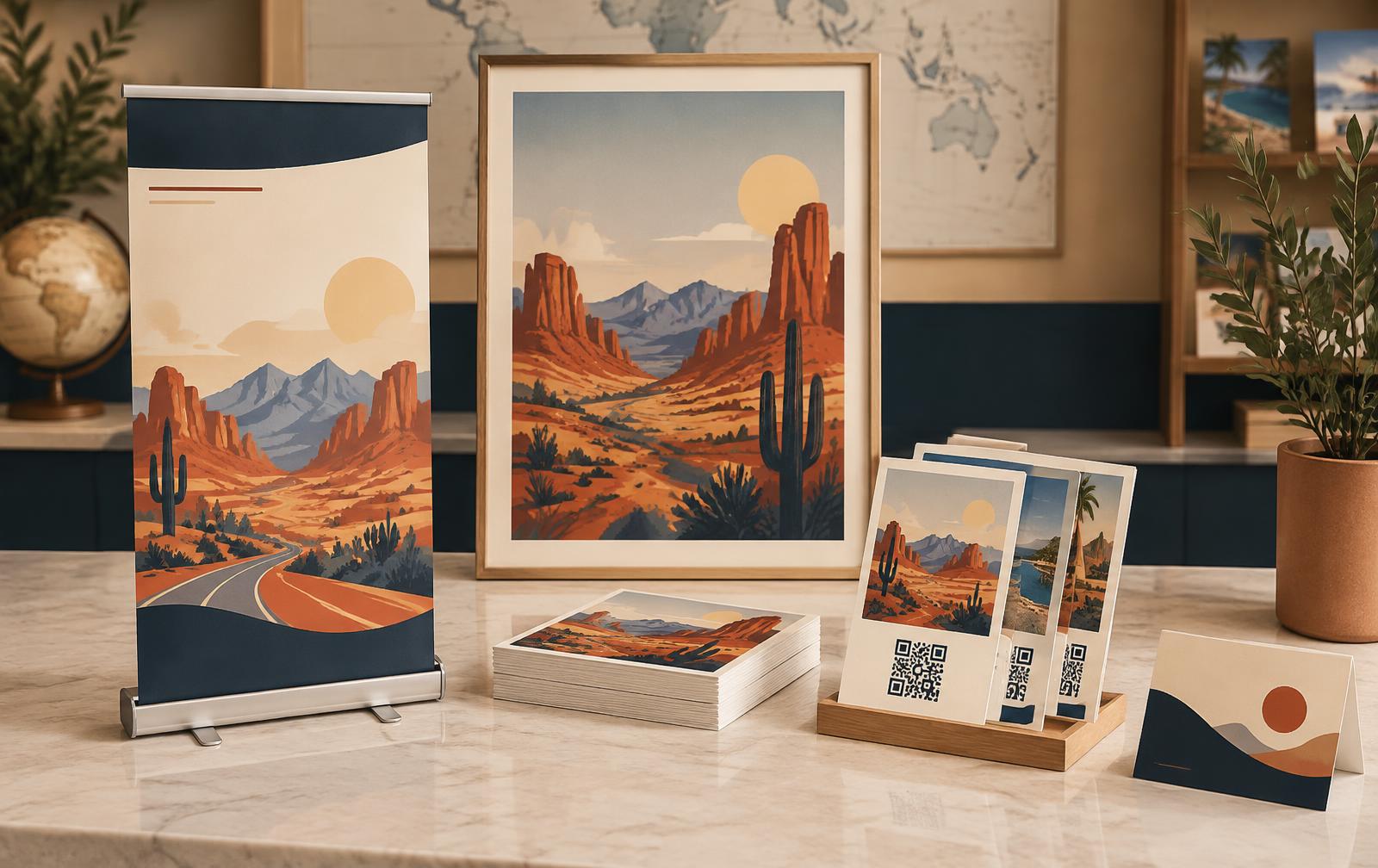 Mock-up of travel agency materials: roll-up, poster, postcards with QR code and counter card