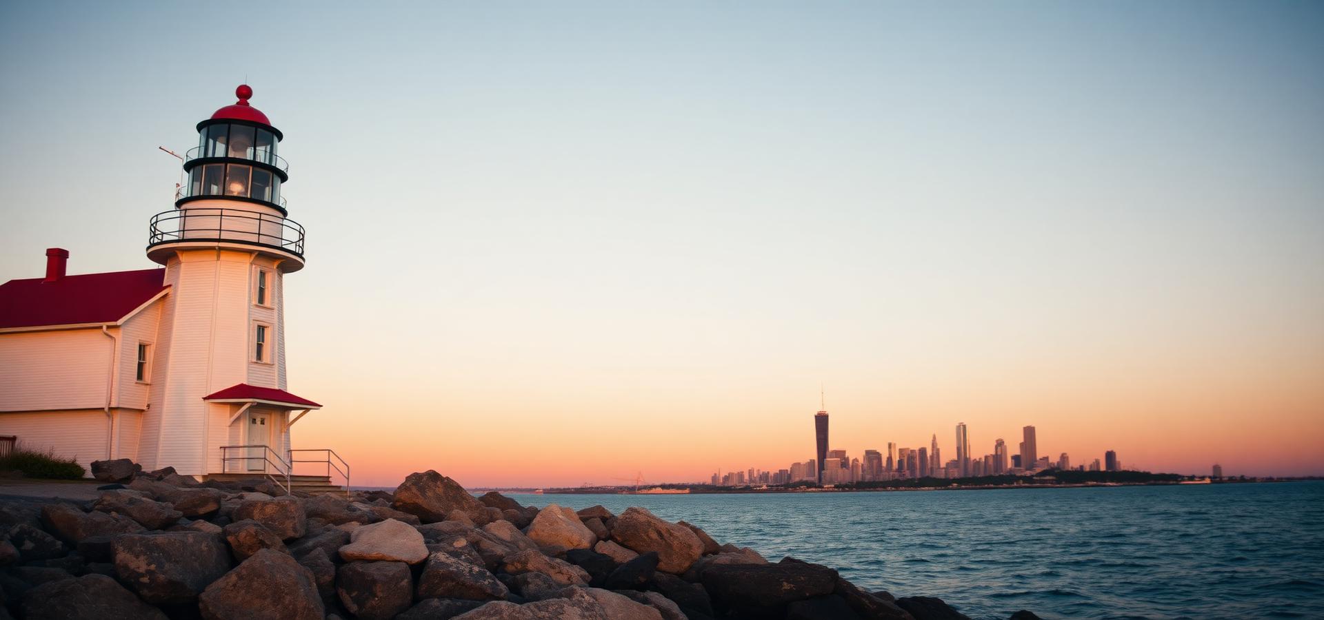 Leuchtturm an der Küste der Großen Seen mit Skyline im Hintergrund