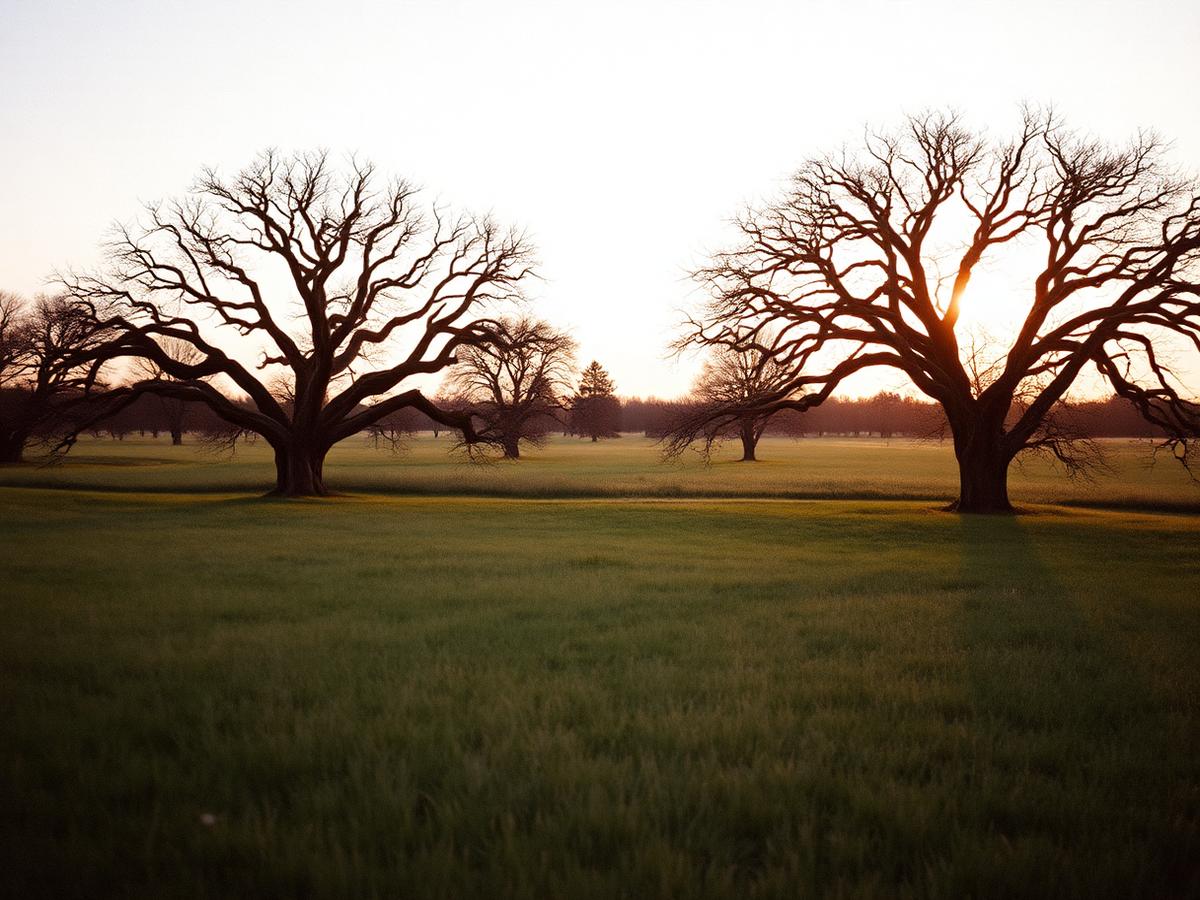 Weite Prairie mit alten Eichen im Abendlicht