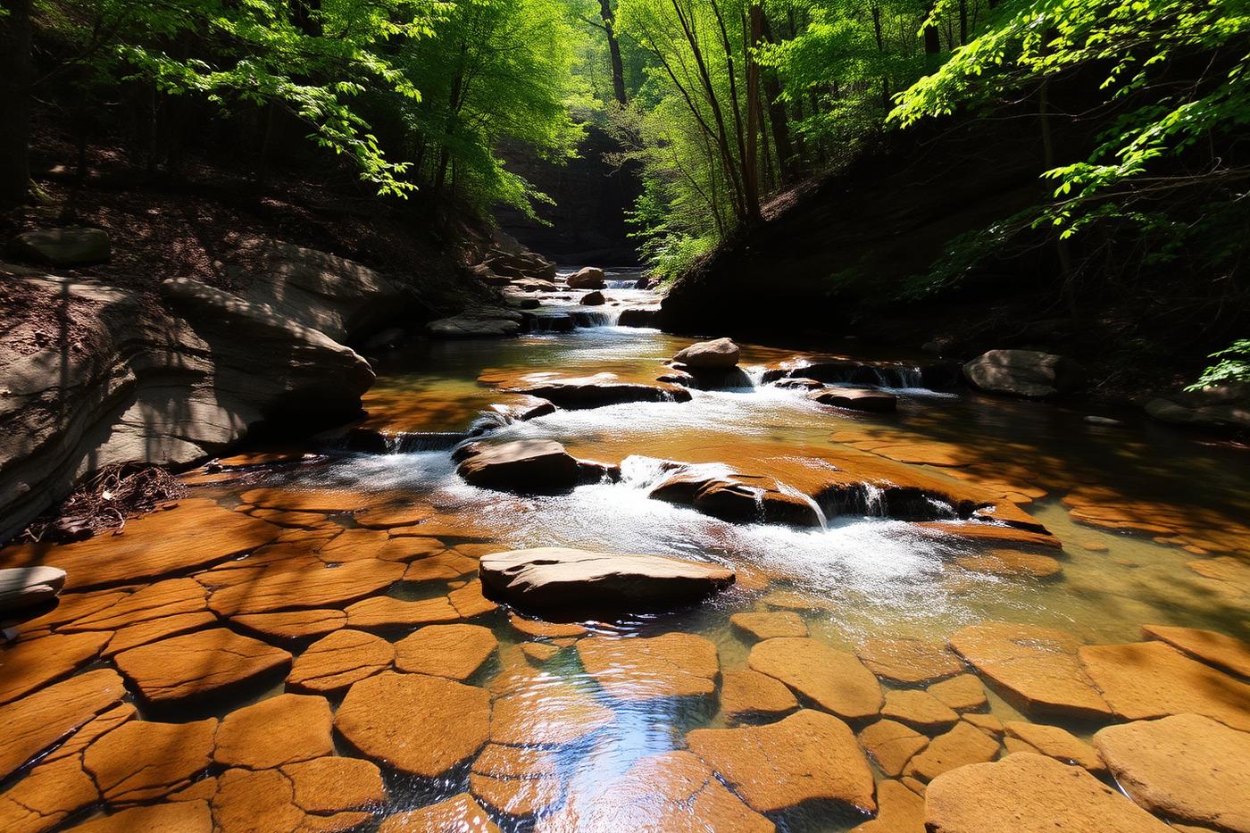 Klarer Bach mit kleinen Wasserfällen im Wald