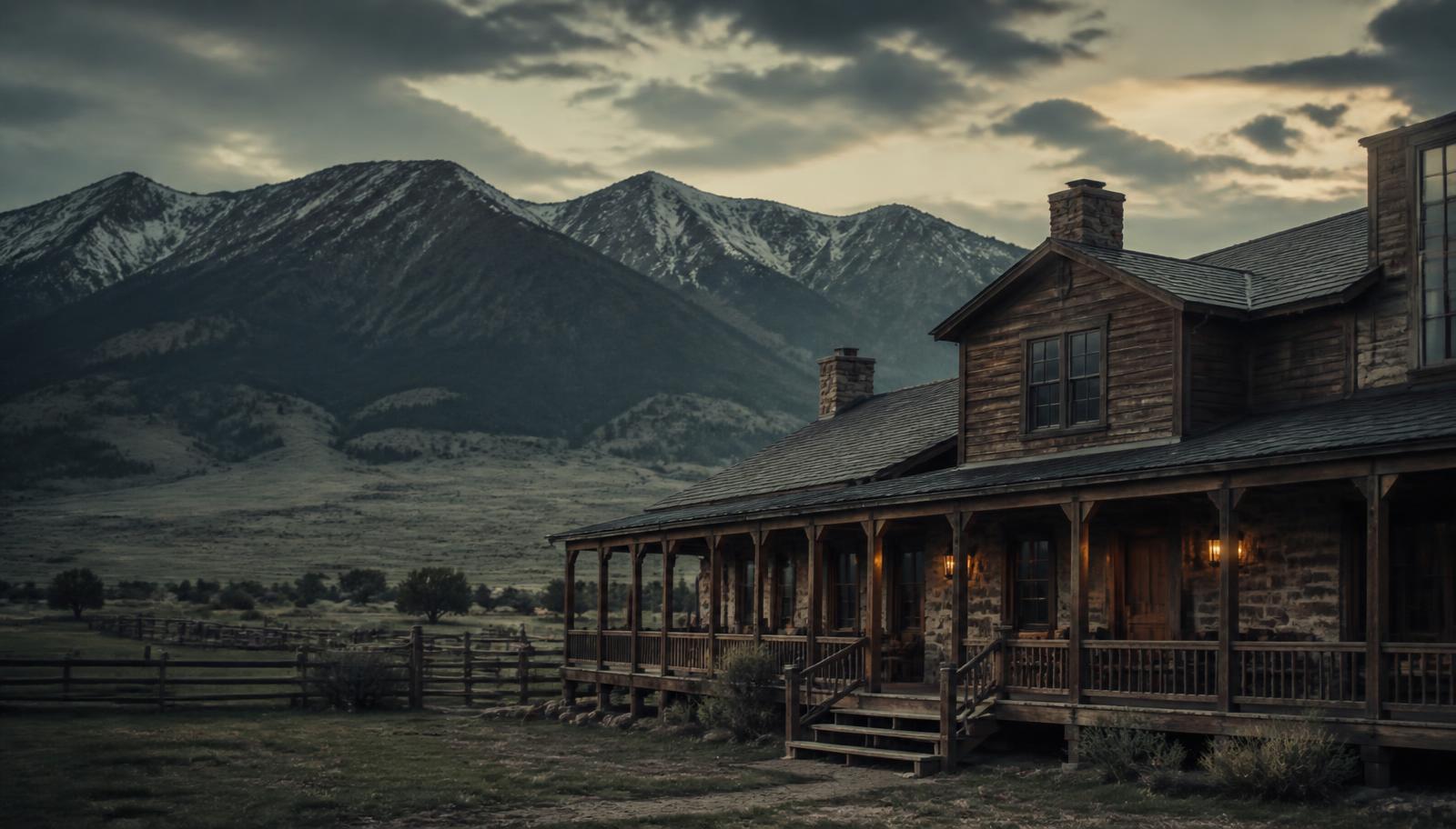 Ranchgebäude in Montana vor Bergpanorama