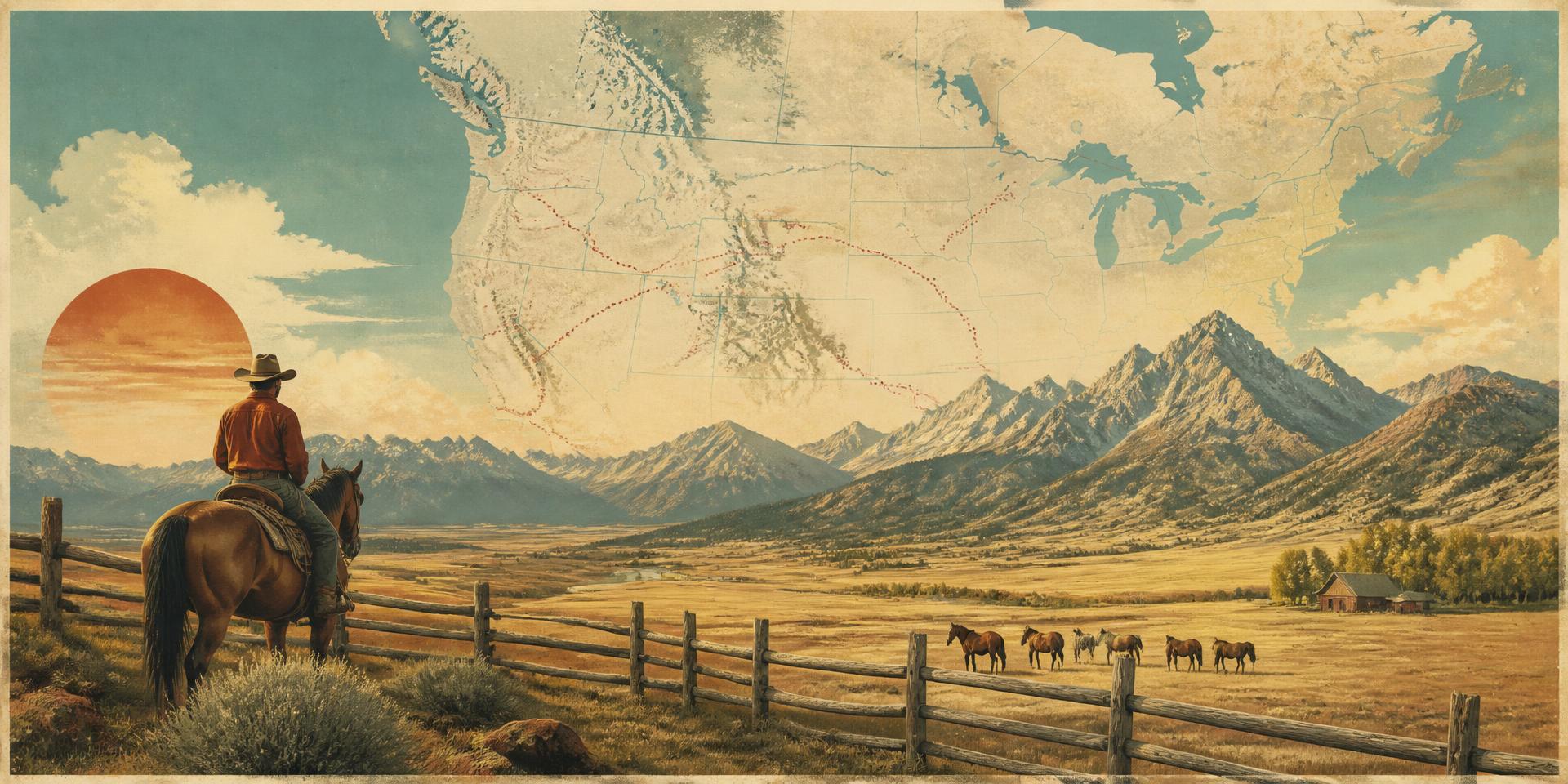 Weites Ranchtal im Abendlicht mit Zaun, Pferden und einer Vintage-Karte der USA im Himmel