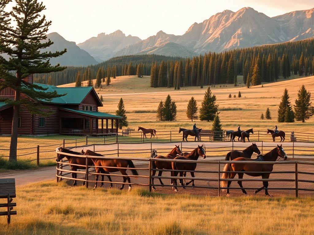 Guest Ranch in Montana mit Blockhaus, Koppel und Pferden vor Bergkulisse