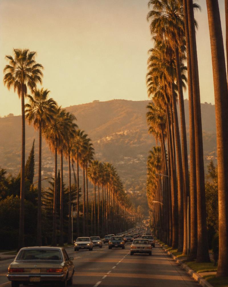 Palmenallee in Los Angeles im Abendlicht
