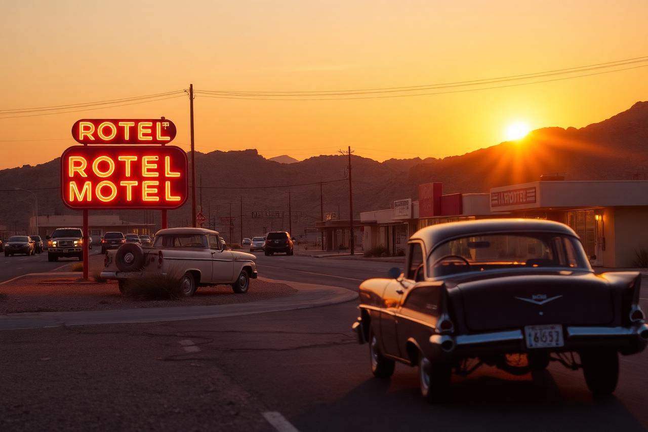 Neon-Motelschild an der Route 66 im Abendlicht