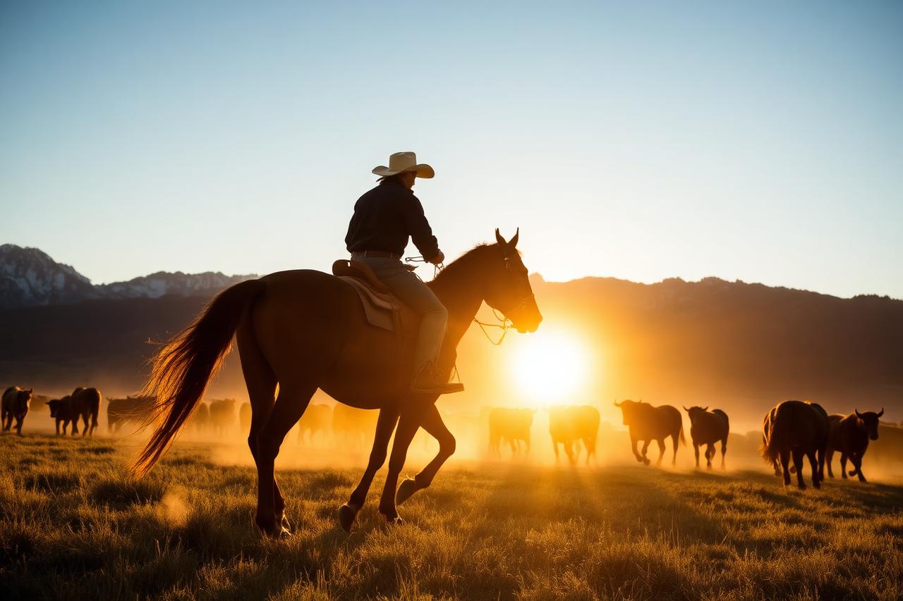 Reiter treibt bei Sonnenaufgang Rinder über eine Weide in Wyoming